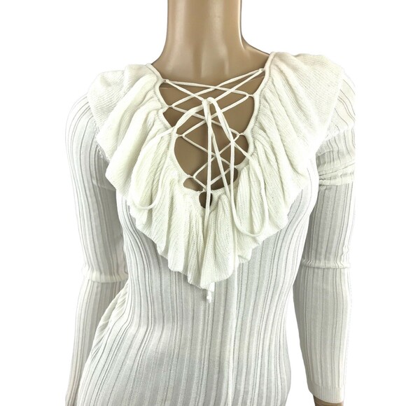 Intermix Petite XS 'Mika' Ivory White Lace-Up Knit Top Viscose Long Sleeves - Picture 4 of 6